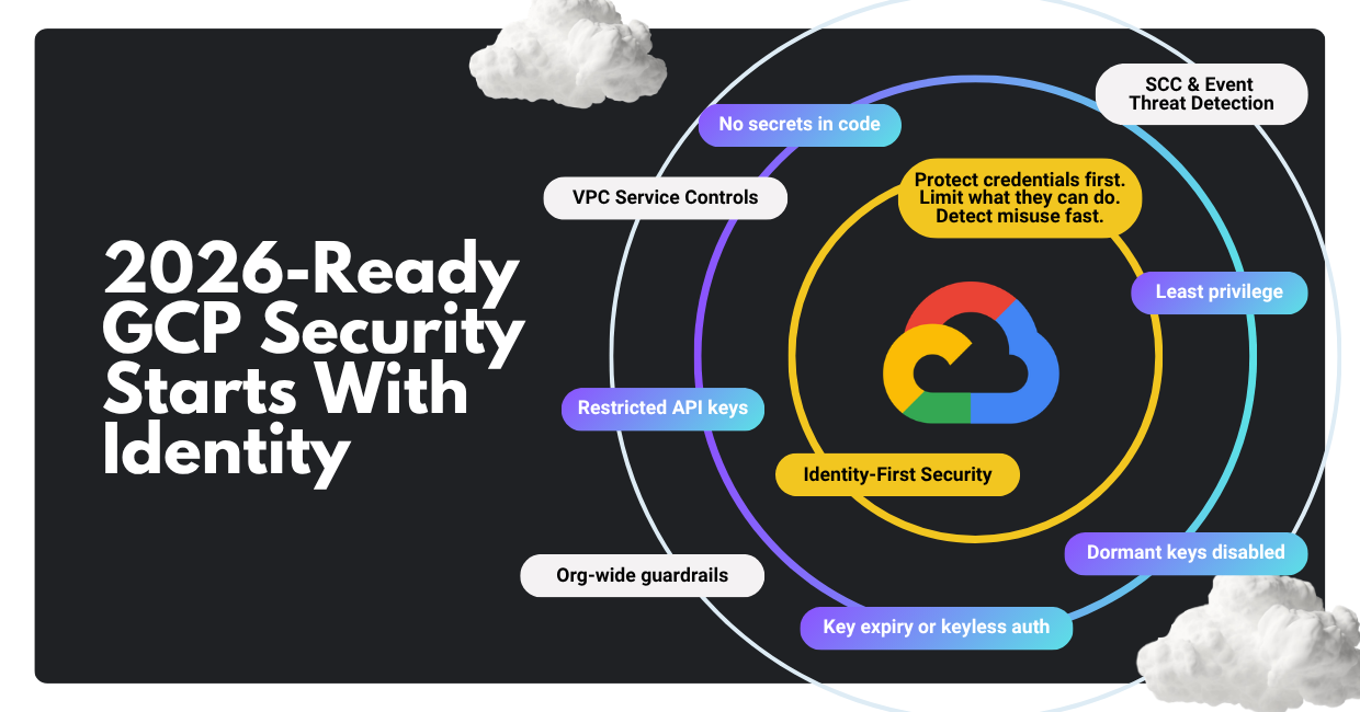 Layered infographic showing a Google Cloud security model centered on identity and credentials.